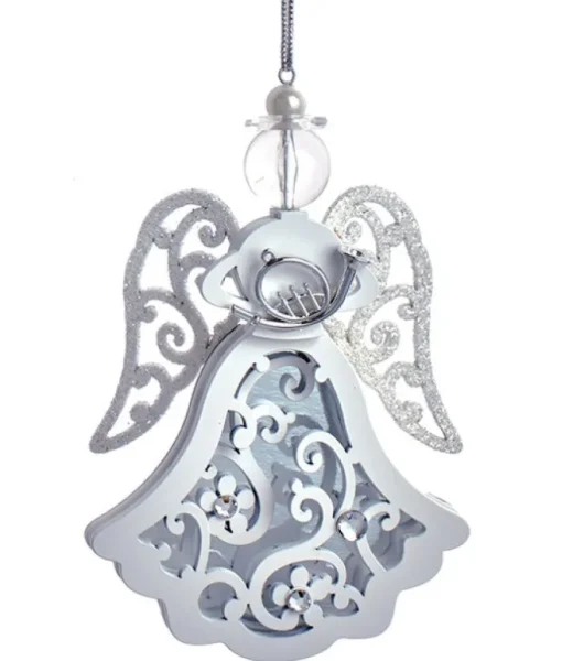 Ornement, forme d'ange aux ailes scintillantes, portant un cor d'harmonie