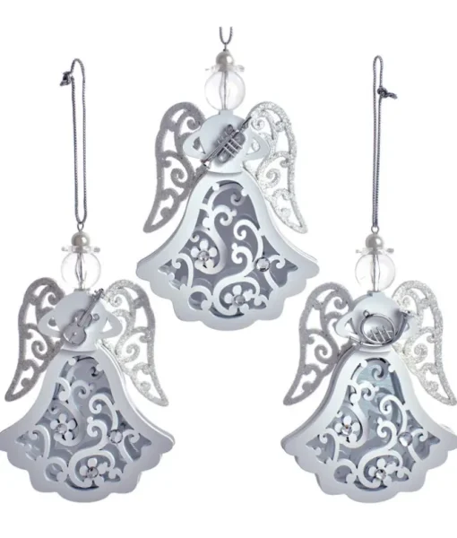 Ornement, forme d'ange aux ailes scintillantes, portant un cor d'harmonie