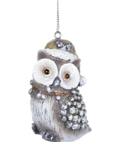 Ornement, hibou en forme de pomme de pin argentée