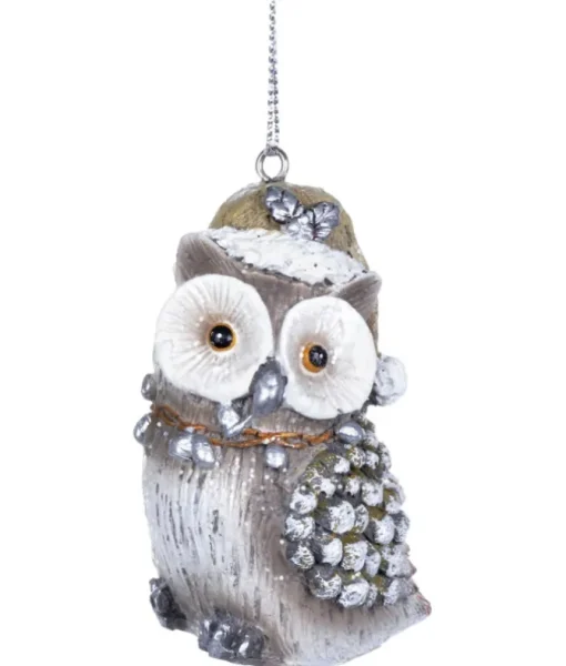 Ornement, hibou en forme de pomme de pin argentée