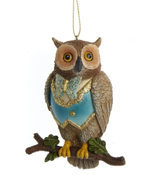 Ornement, hibou enchanté en gilet bleu