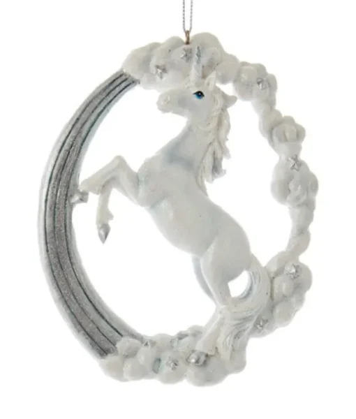 Ornement, licorne argentée et blanche, avec arc-en-ciel et nuages