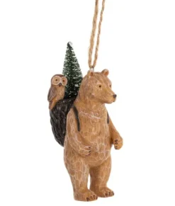 Ornement, ours de la forêt avec sac à dos et hibou