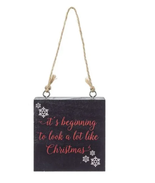 Ornement, plaque en bois, avec message "It's beginning to look a lot like Christmas"