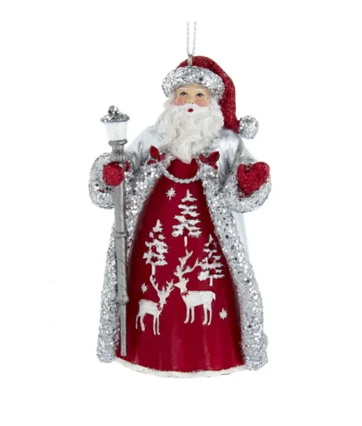 ''Ornement, Père Noël de style classique avec manteau rouge et argenté.''