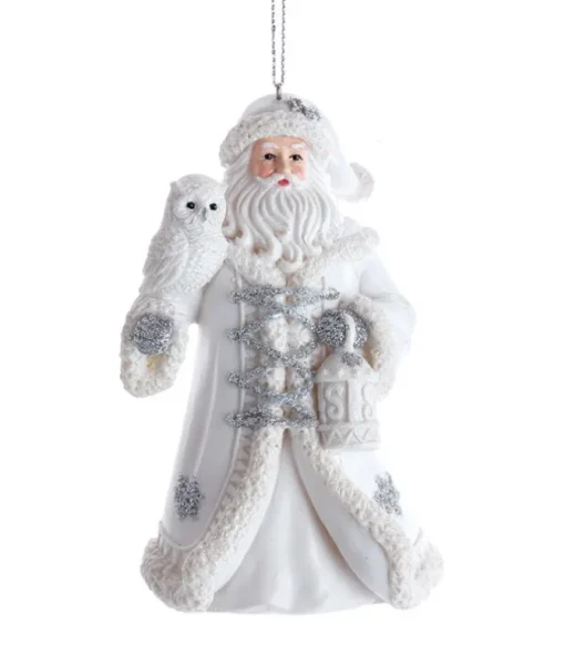 Ornement, Père Noël en argent et blanc avec un hibou