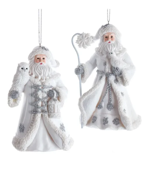 Ornement, Père Noël en argent et blanc avec un hibou