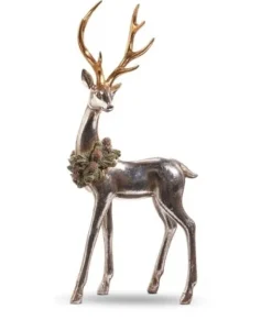 Pièce de table, cerf d’argent de style rustique, avec couronne