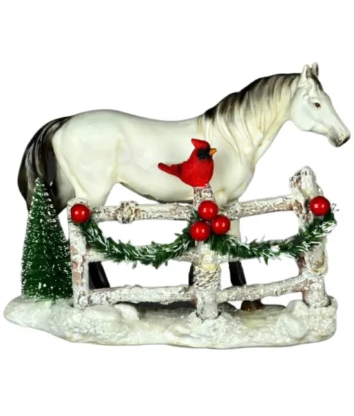 Pièce de table, cheval blanc en clôture, avec baies cardinales et rouges