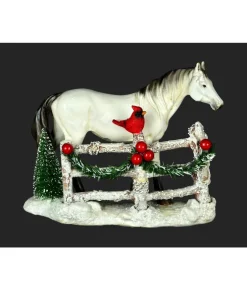 Pièce de table, cheval blanc en clôture, avec baies cardinales et rouges