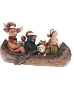 Pièce de table, créatures des bois canadiens dans un canot, mesure 9 pouces