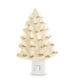 Veilleuse sapin en céramique blanche et dorée